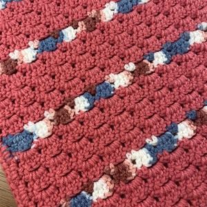 80s Vintage Crocheted Baby Blanket, Hobbyist Piece, 1980s Pink Blue and White